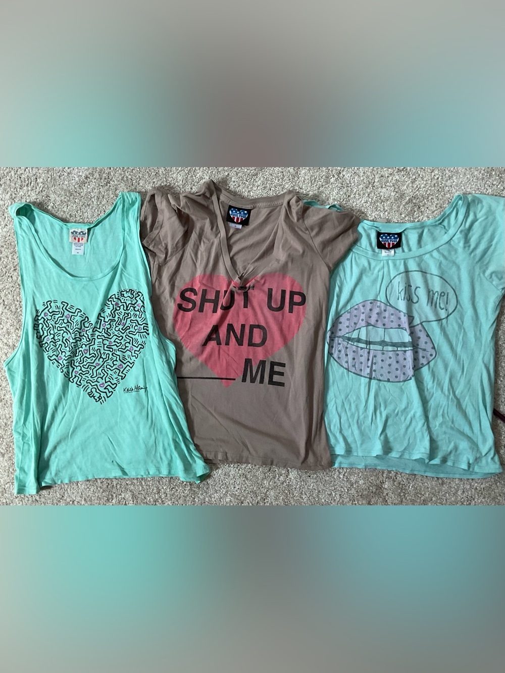 Junk Food Clothing Women’s Tank Tops in Mint & Taupe with Heart and Lips Graphic